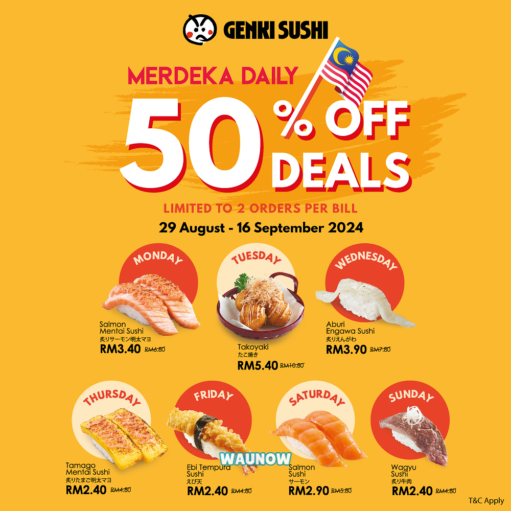 Merdeka Deals at Genki Sushi!  Get 𝟓𝟎% 𝐎𝐅𝐅 